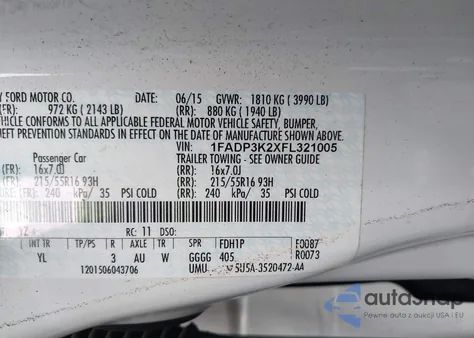 2015 Ford Focus Se from USA, damaged, VIN 1FADP3K2XFL321005